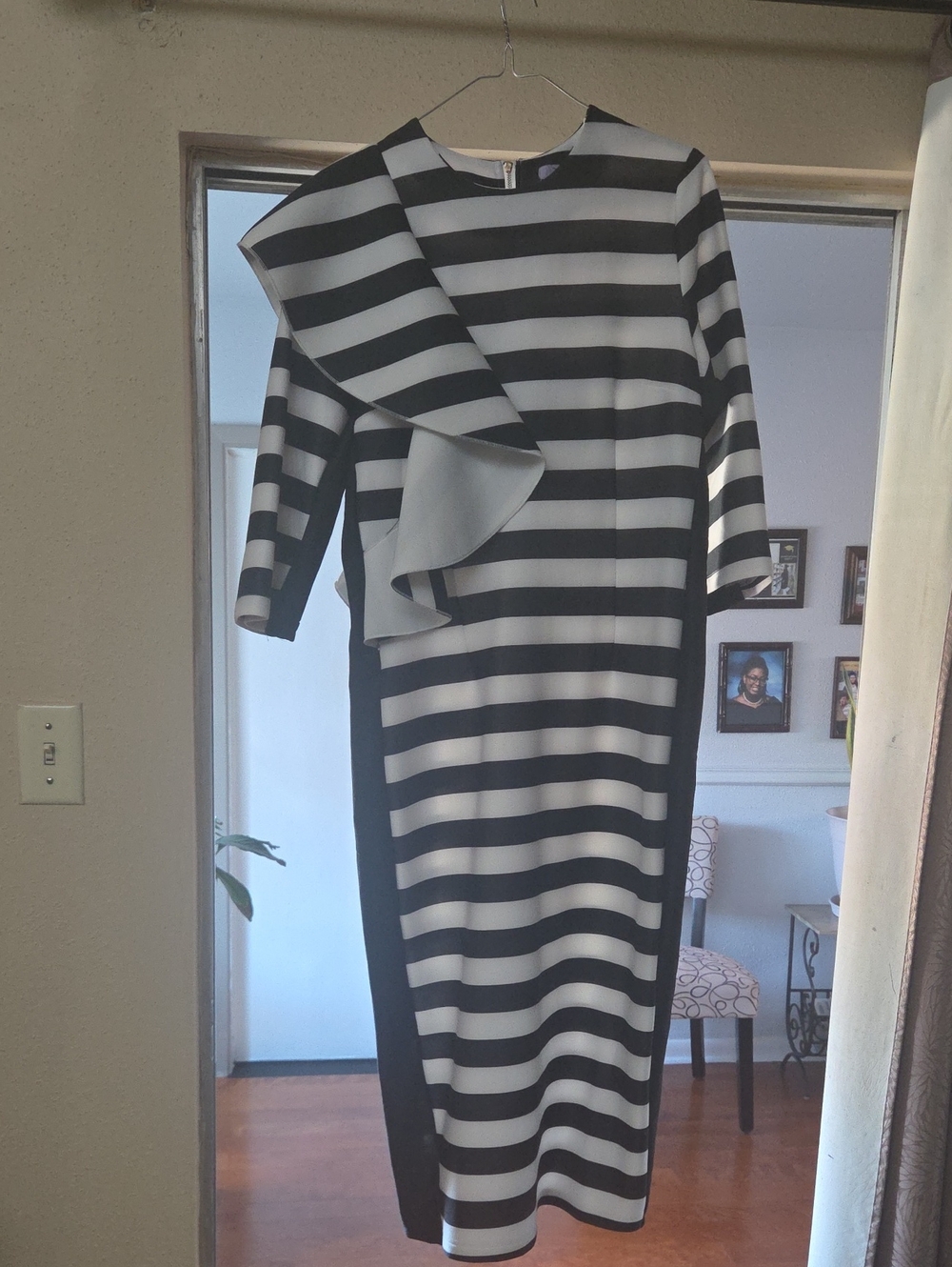 Striped Black and White Midi Dress with Asymmetric Ruffle